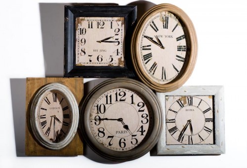 GROUPED FRENCH PAINTED INTERNATIONAL TIME CLOCKS