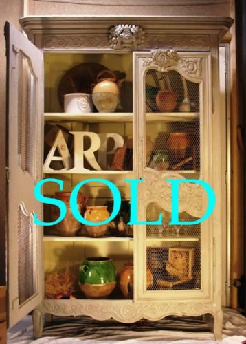 19th C. STYLE FRENCH PROVINCIAL CARVED AND PAINTED ARMOIRE WITH MESH DOORS