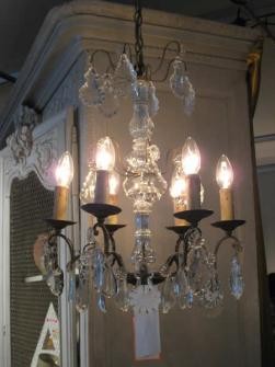 BRONZE AND CRYSTAL CHANDELIER, SIX ARM BIRDCAGE SHAPE