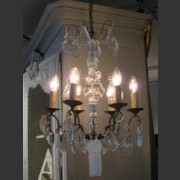 BRONZE AND CRYSTAL CHANDELIER, SIX ARM BIRDCAGE SHAPE