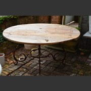 ROUND TEAK TOP METAL SCROLL-BASED TABLE